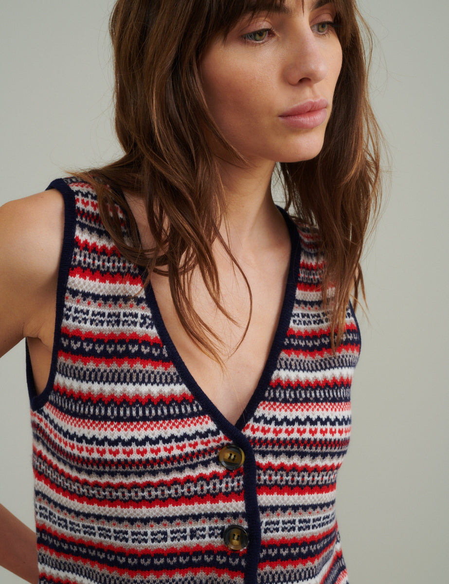 Fair Isle V-Neck Knitted Wool Waistcoat