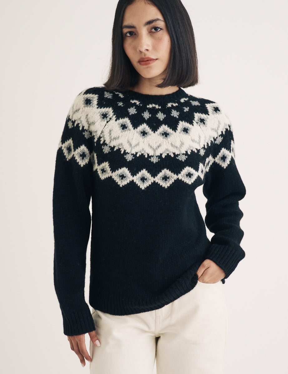 Black Fair Isle Knitted Wool Jumper