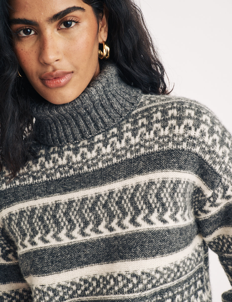 Grey Fair Isle Knitted Wool Roll Neck Jumper