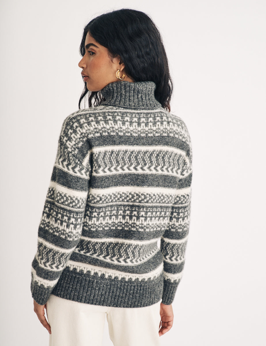 Grey Fair Isle Knitted Wool Roll Neck Jumper