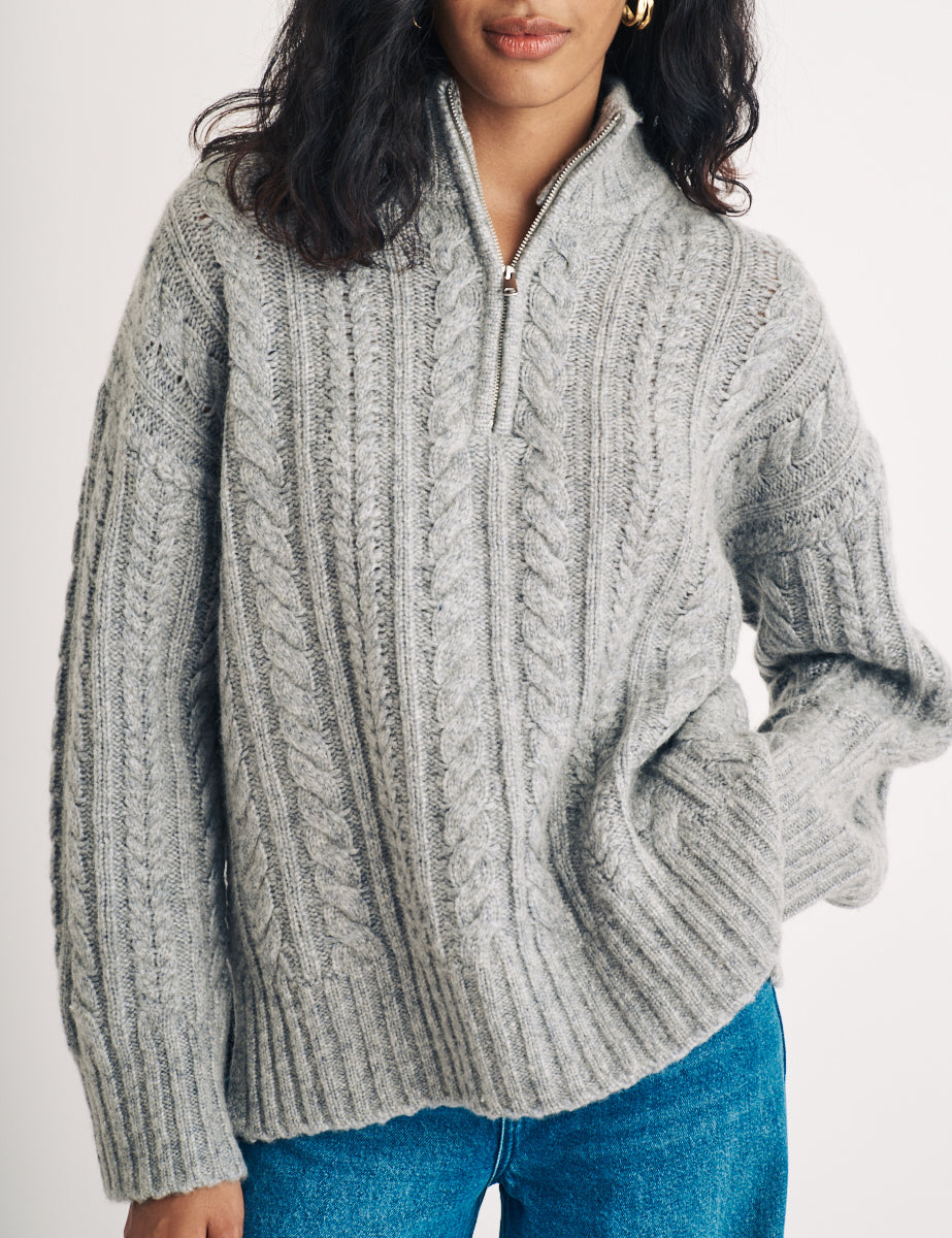 Grey Half Zip Cable Knitted Jumper