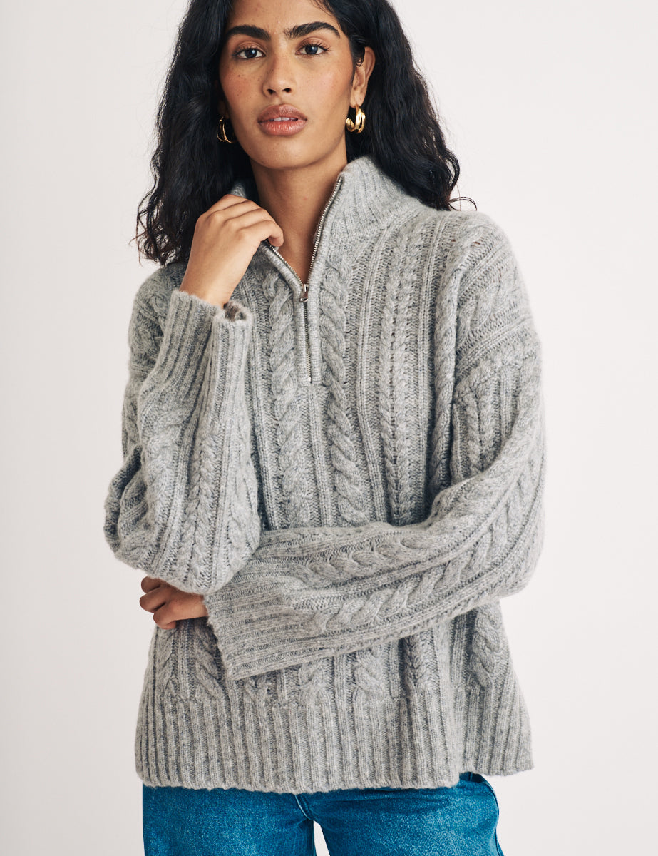 Grey Half Zip Cable Knitted Jumper