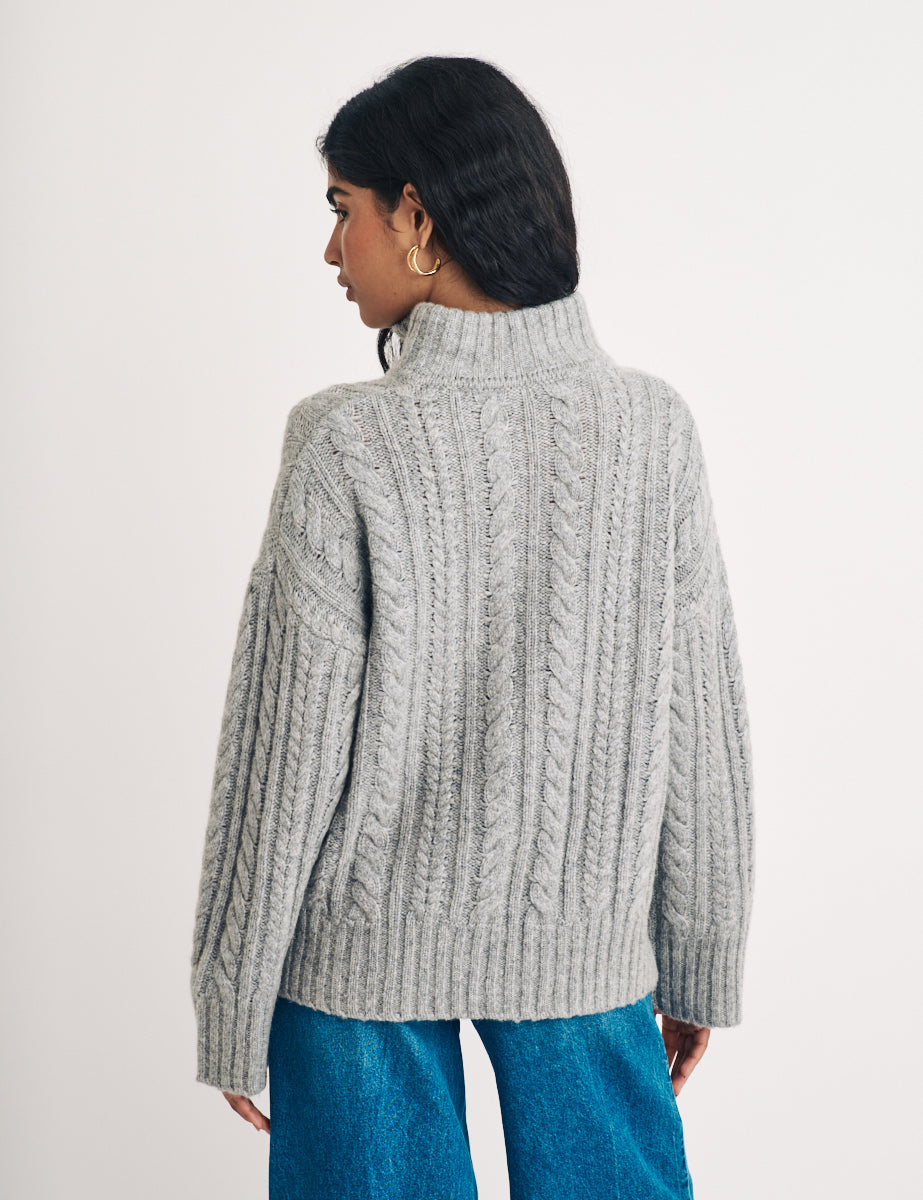 Grey Half Zip Cable Knitted Jumper