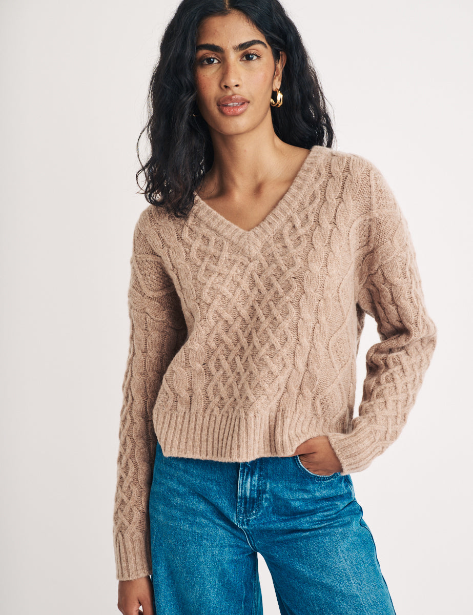 Beige V-Neck Cable Knit Wool blend Jumper