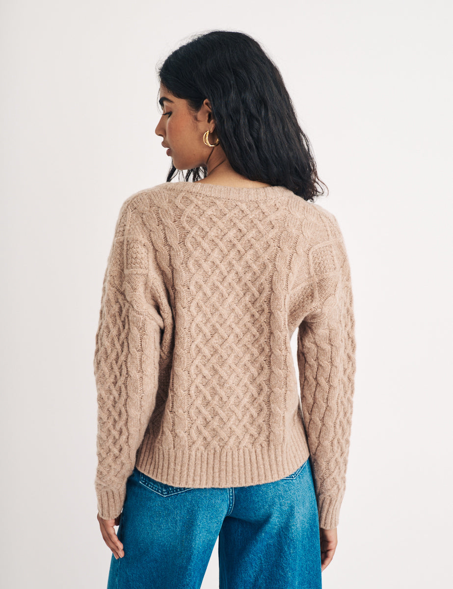 Beige V-Neck Cable Knit Wool blend Jumper