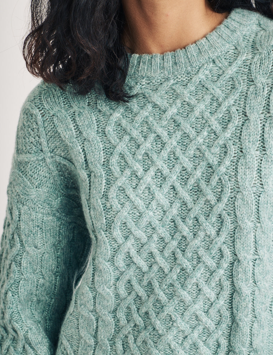 Green Crew Neck Cable Knit Wool Jumper