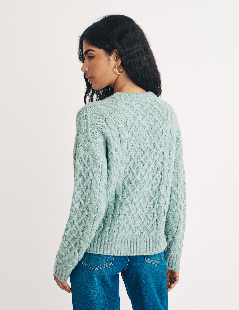 Green Crew Neck Cable Knit Wool Jumper