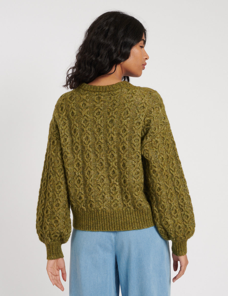 Green Crew Neck Cable Knit Wool Jumper