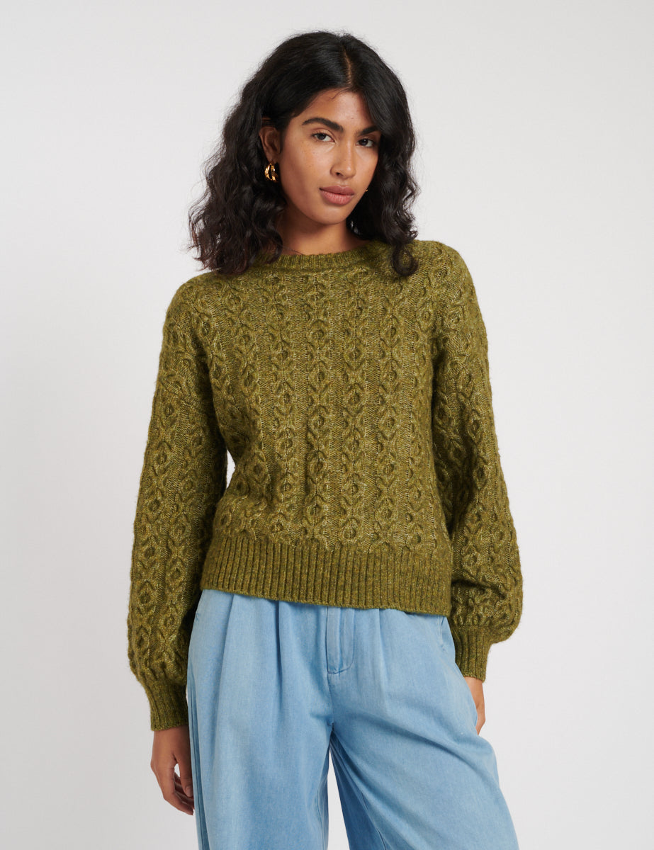 Green Crew Neck Cable Knit Wool Jumper