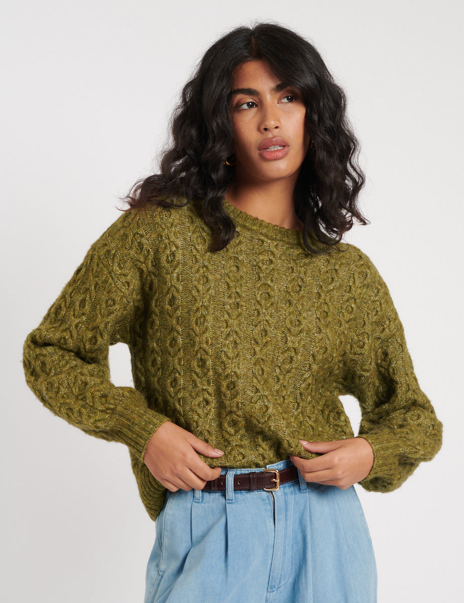 Green Crew Neck Cable Knit Wool Jumper