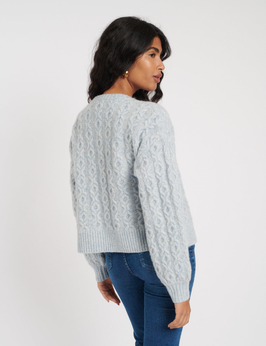 Blue Crew Neck Knitted Wool Cardigan