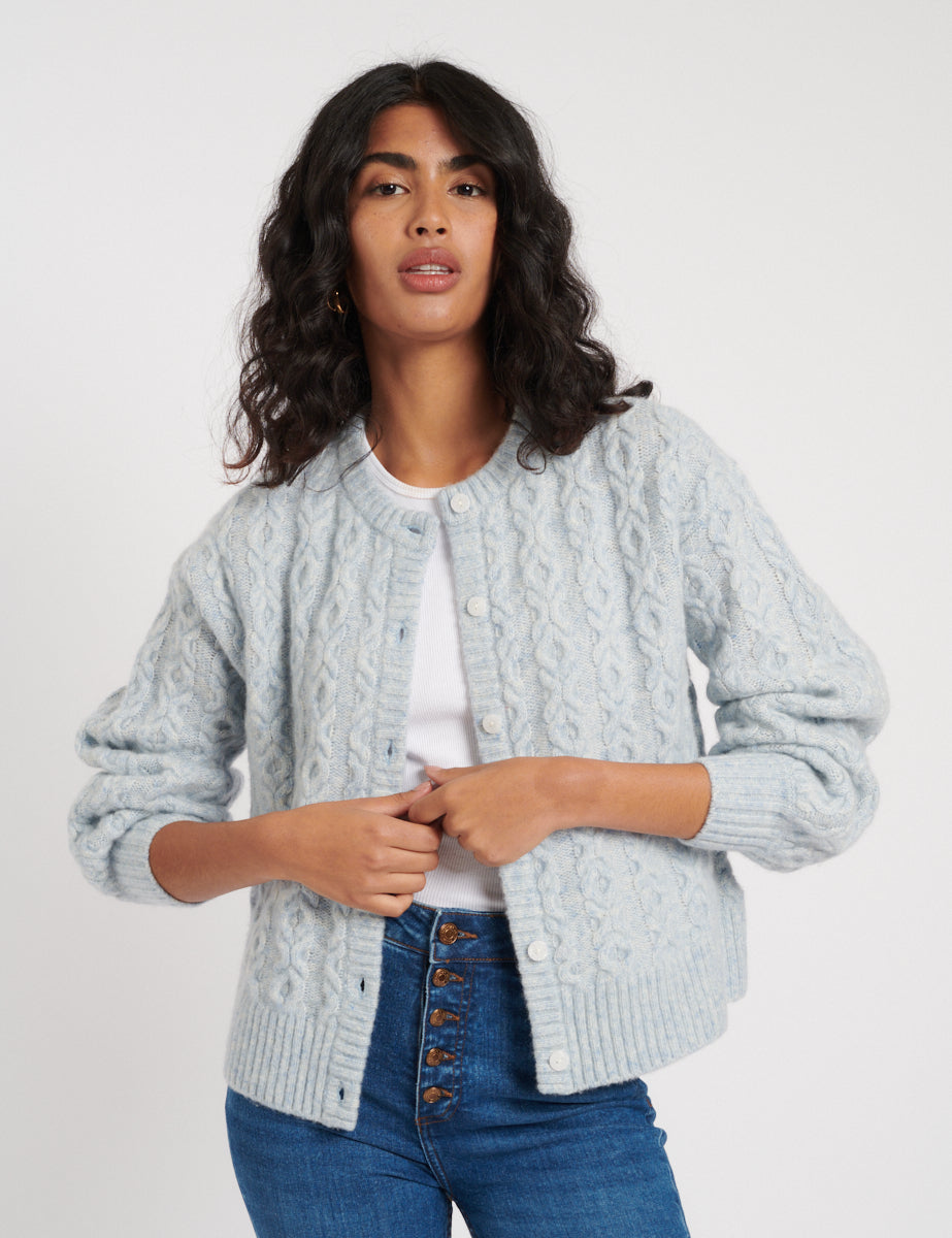 Blue Crew Neck Knitted Wool Cardigan