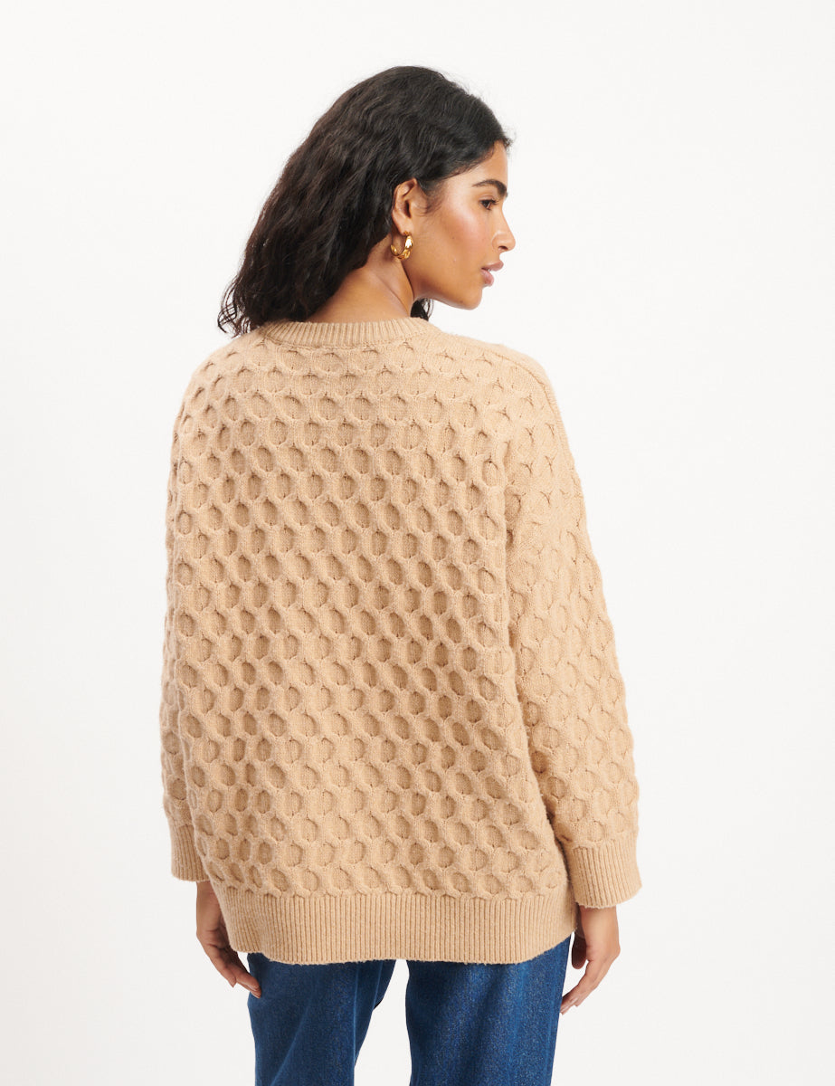 Beige Crew Neck Cable Knitted Jumper