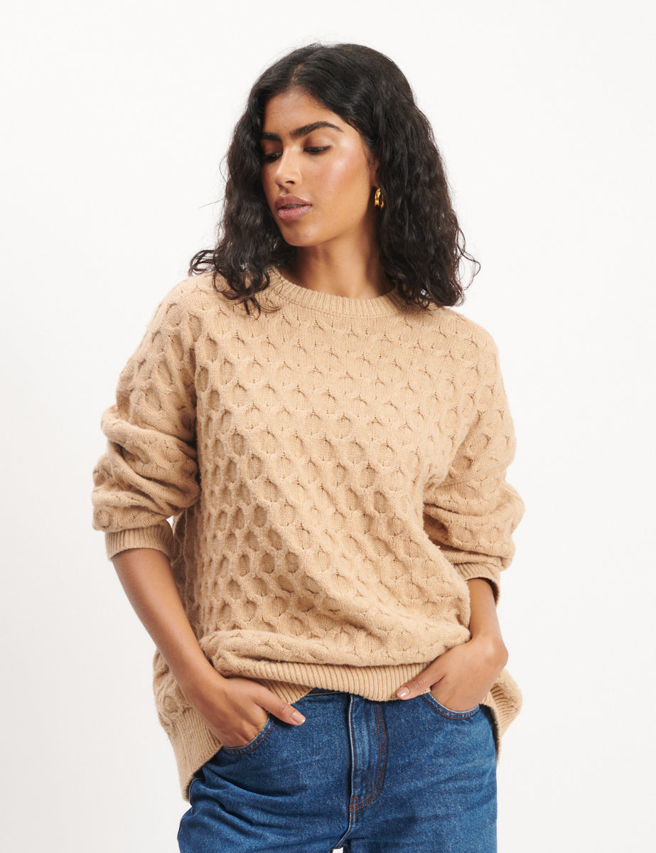 Beige Crew Neck Cable Knitted Jumper