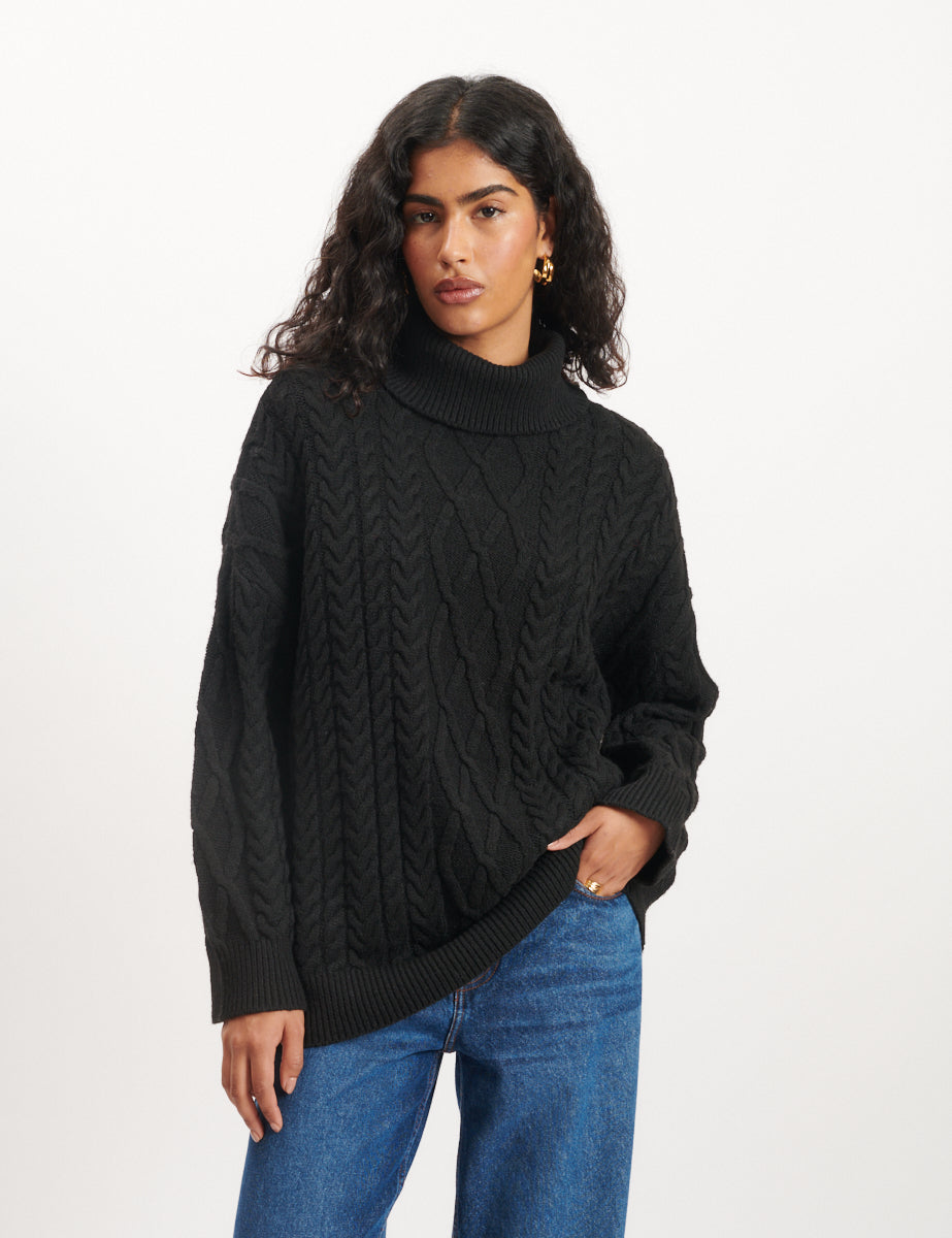 Black Cable Knitted Roll Neck Jumper