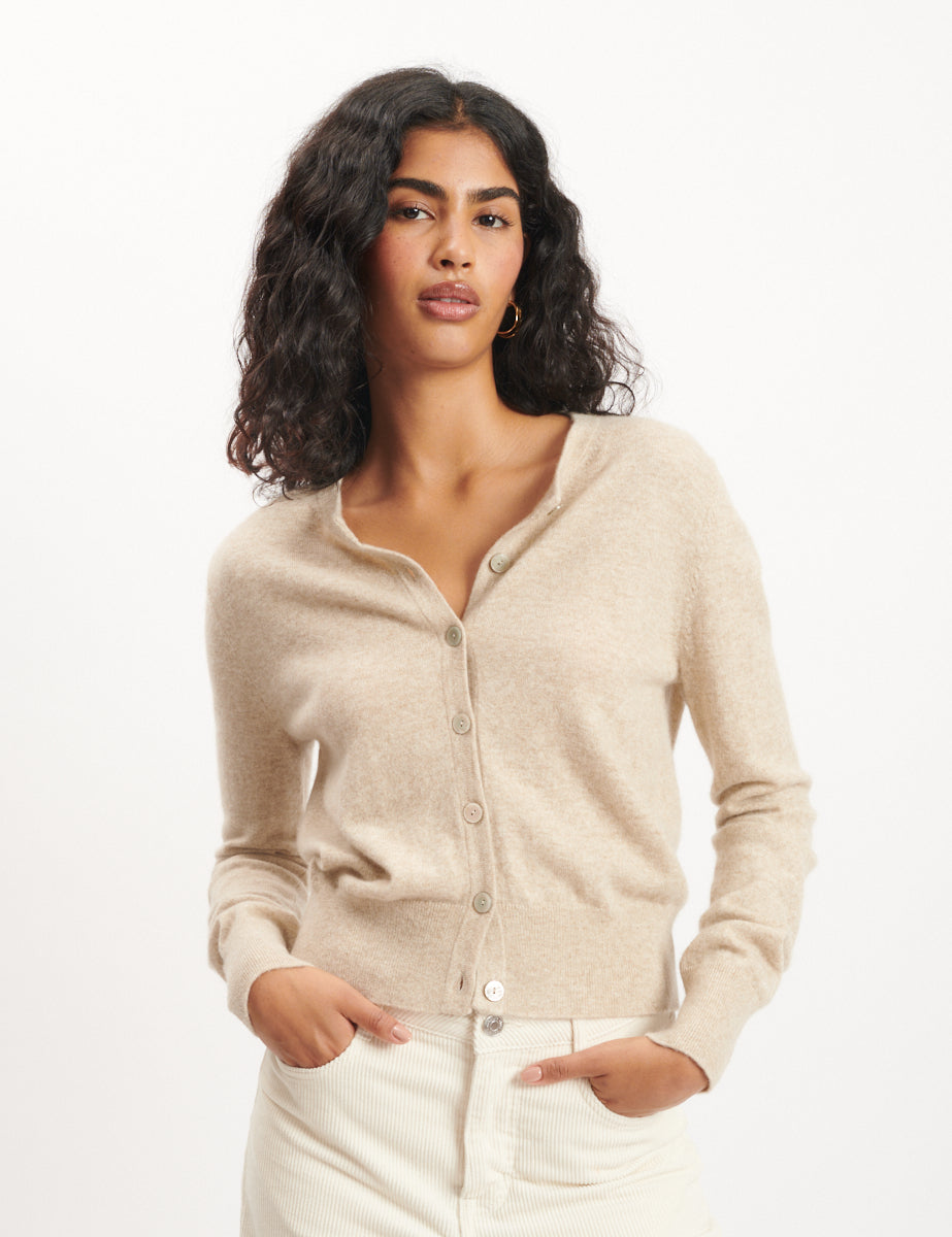 Beige Cashmere Crew Neck Cardigan