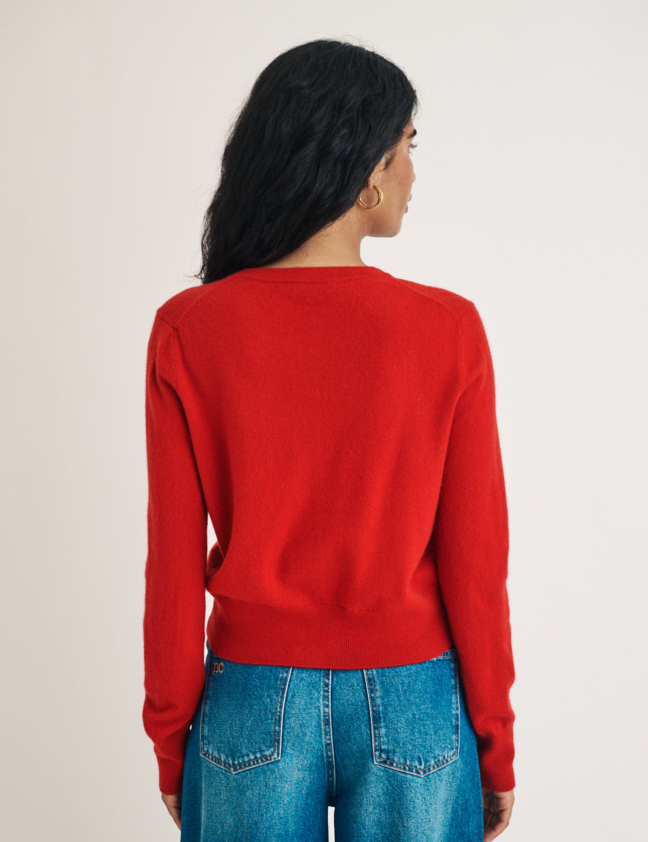 Red Cashmere Crew Neck Cardigan