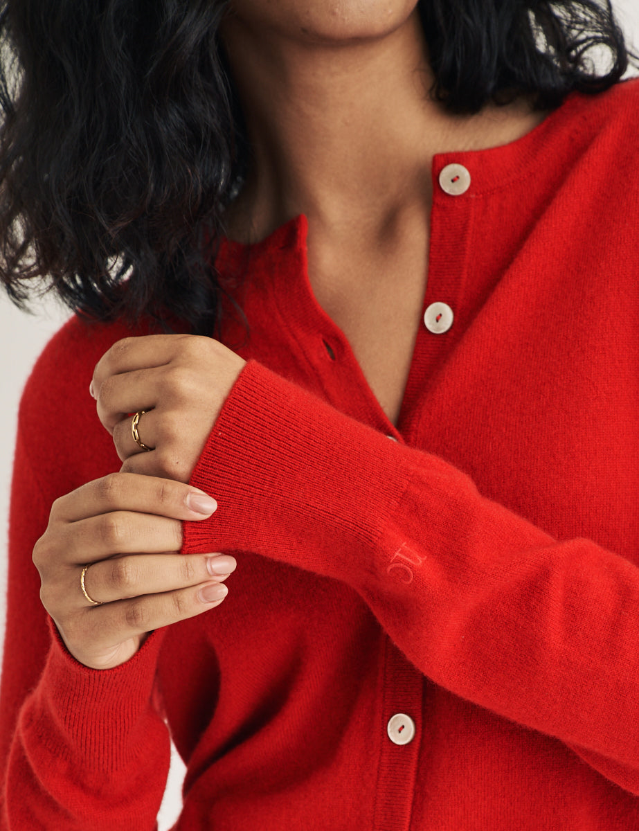 Red Cashmere Crew Neck Cardigan