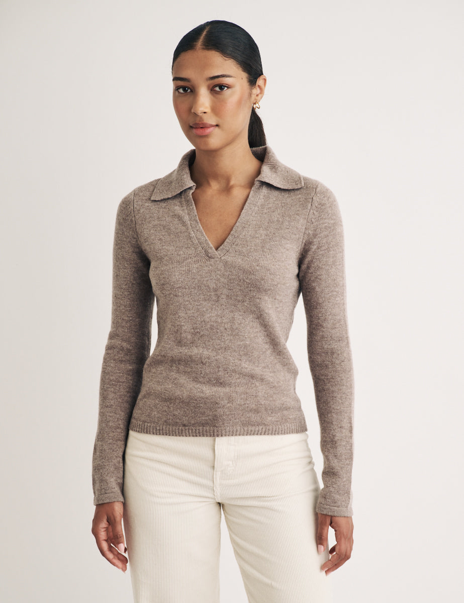 Beige Wool Open Collar Knitted Jumper