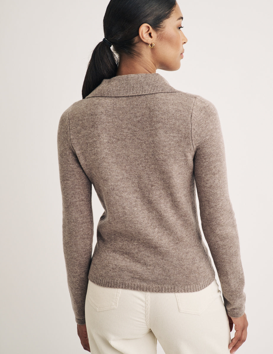 Beige Wool Open Collar Knitted Jumper