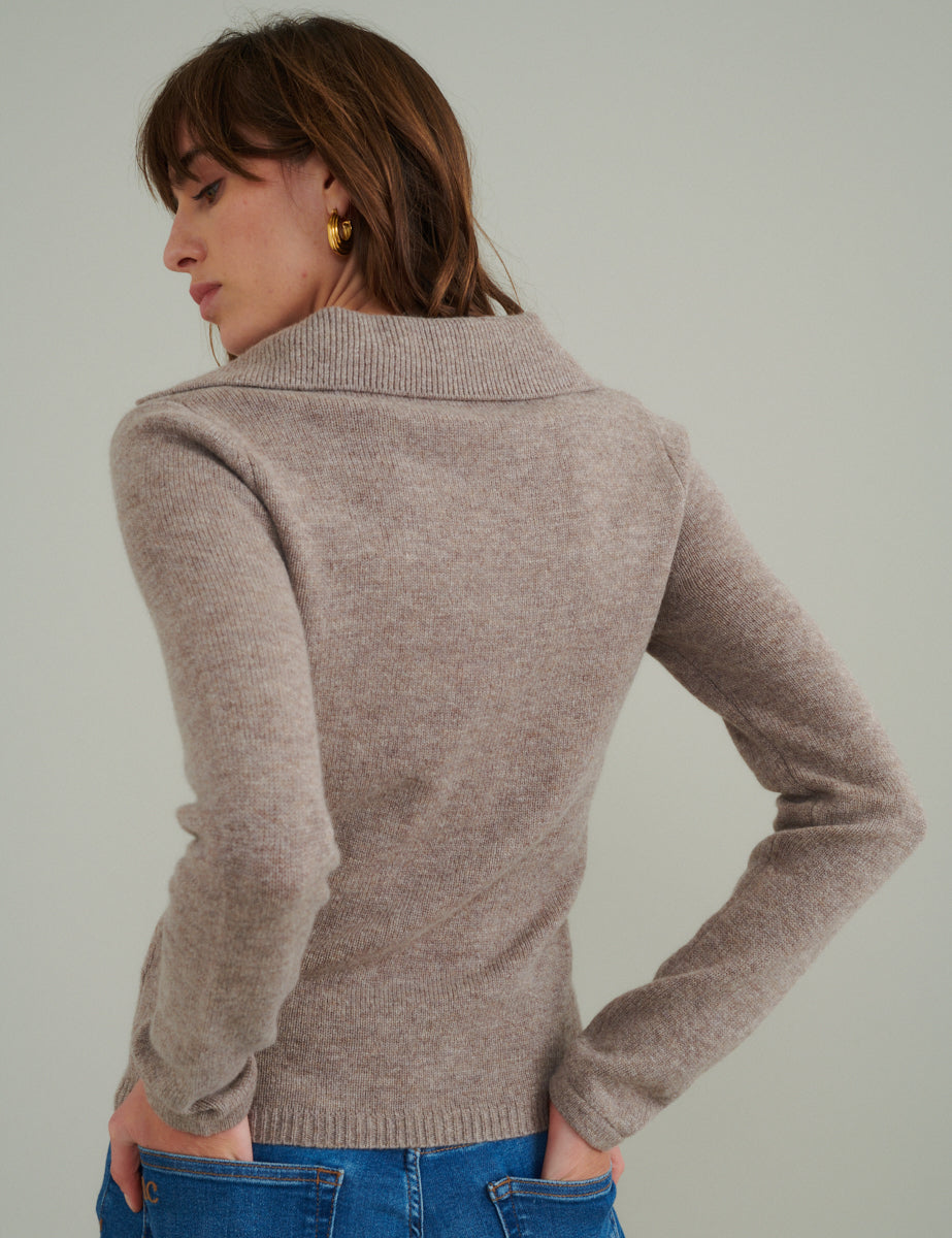 Beige Wool Open Collar Knitted Jumper