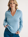 Blue Wool Open Collar Knitted Jumper