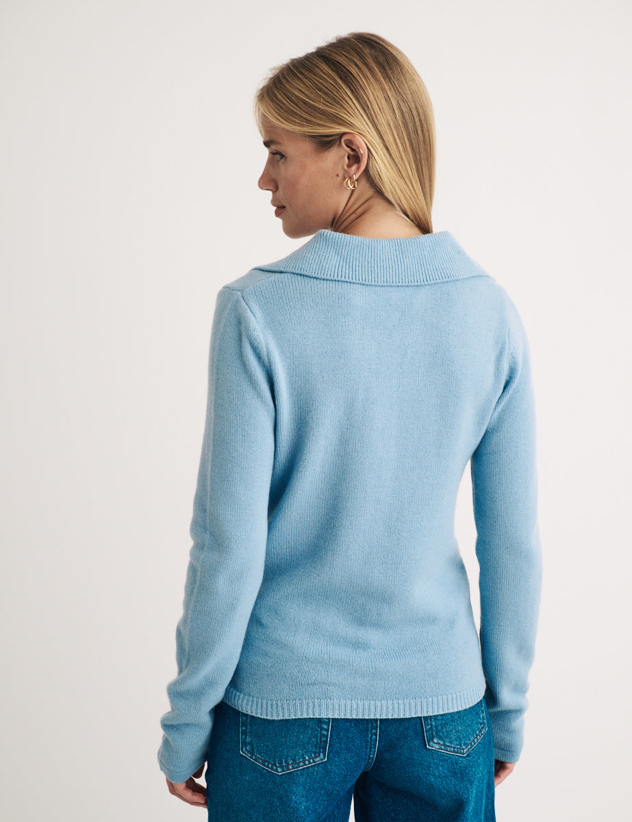 Blue Wool Open Collar Knitted Jumper