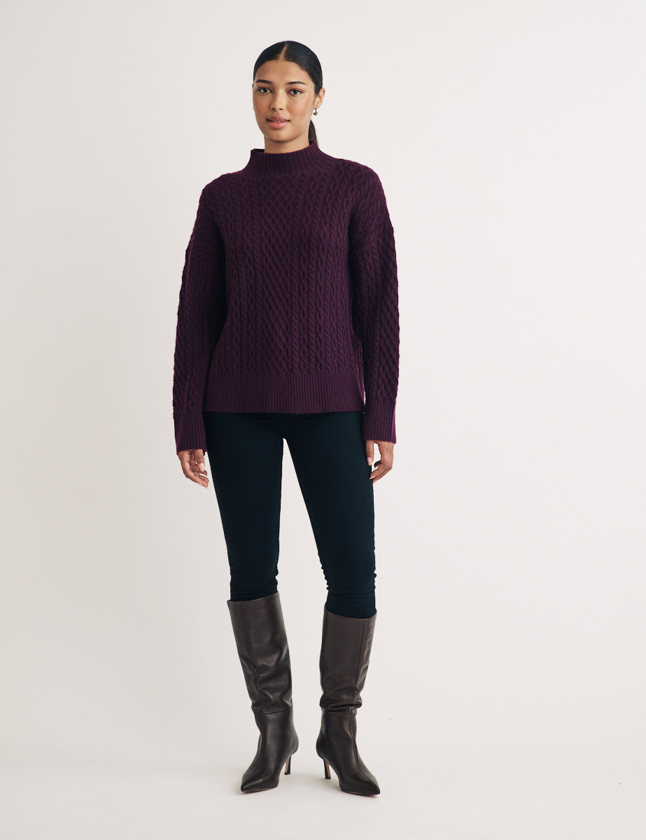 Burgundy Wool Funnel Neck Cable Knitted Jumper