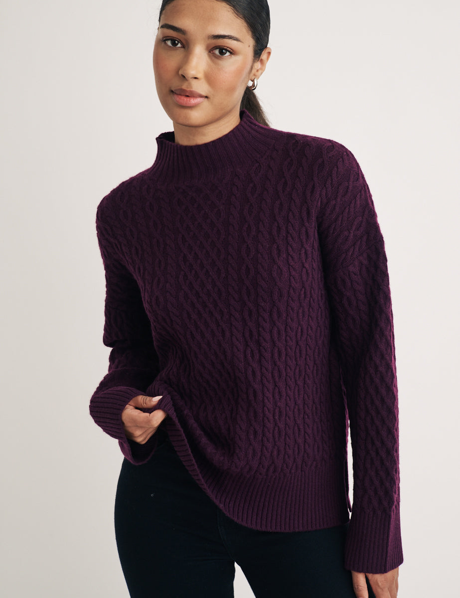 Burgundy Wool Funnel Neck Cable Knitted Jumper