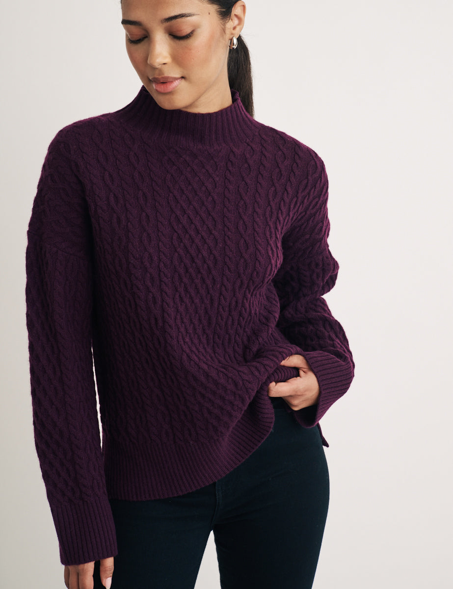 Burgundy Wool Funnel Neck Cable Knitted Jumper