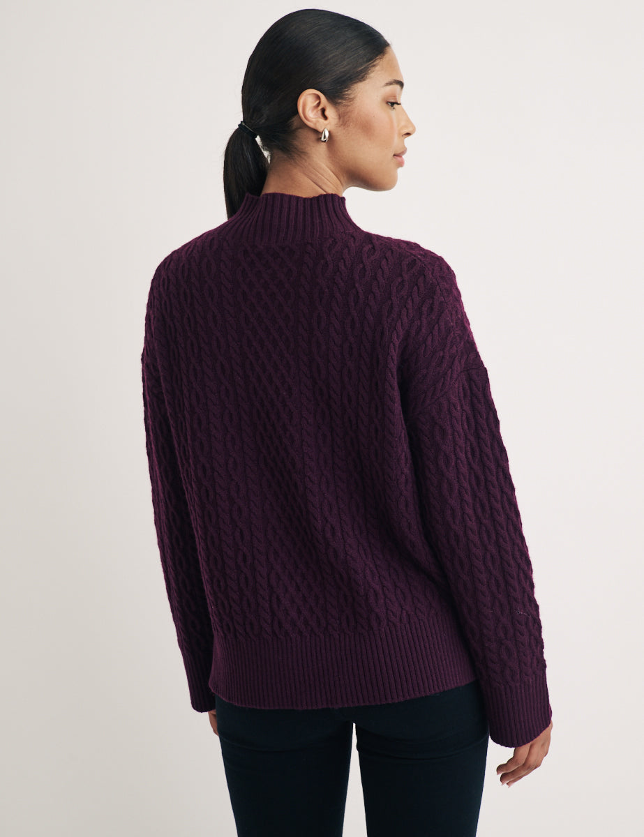 Burgundy Wool Funnel Neck Cable Knitted Jumper