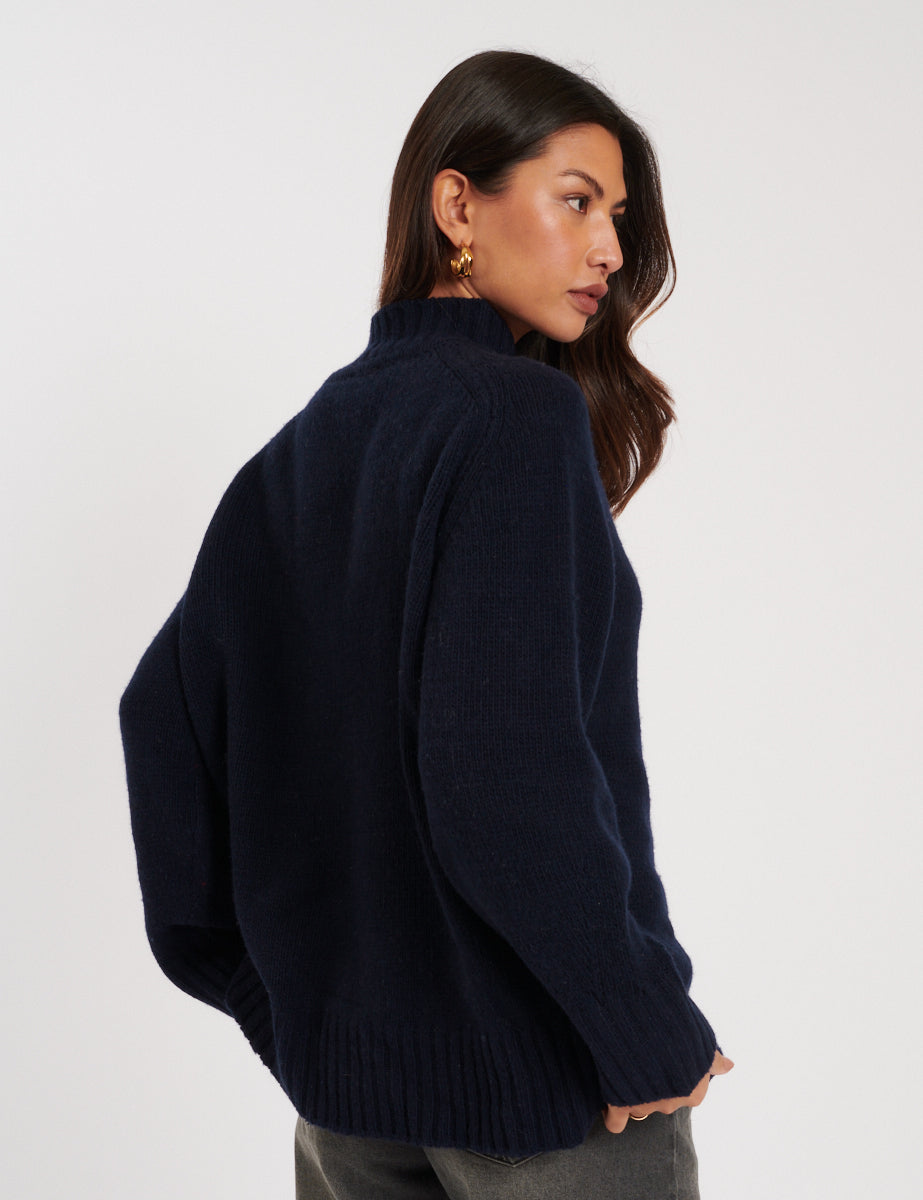 Navy Funnel Neck Wool Knitted Jumper