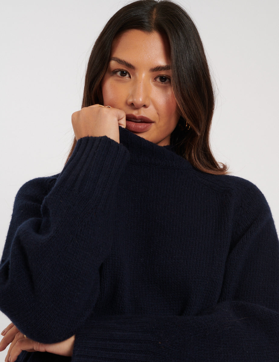 Navy Funnel Neck Wool Knitted Jumper