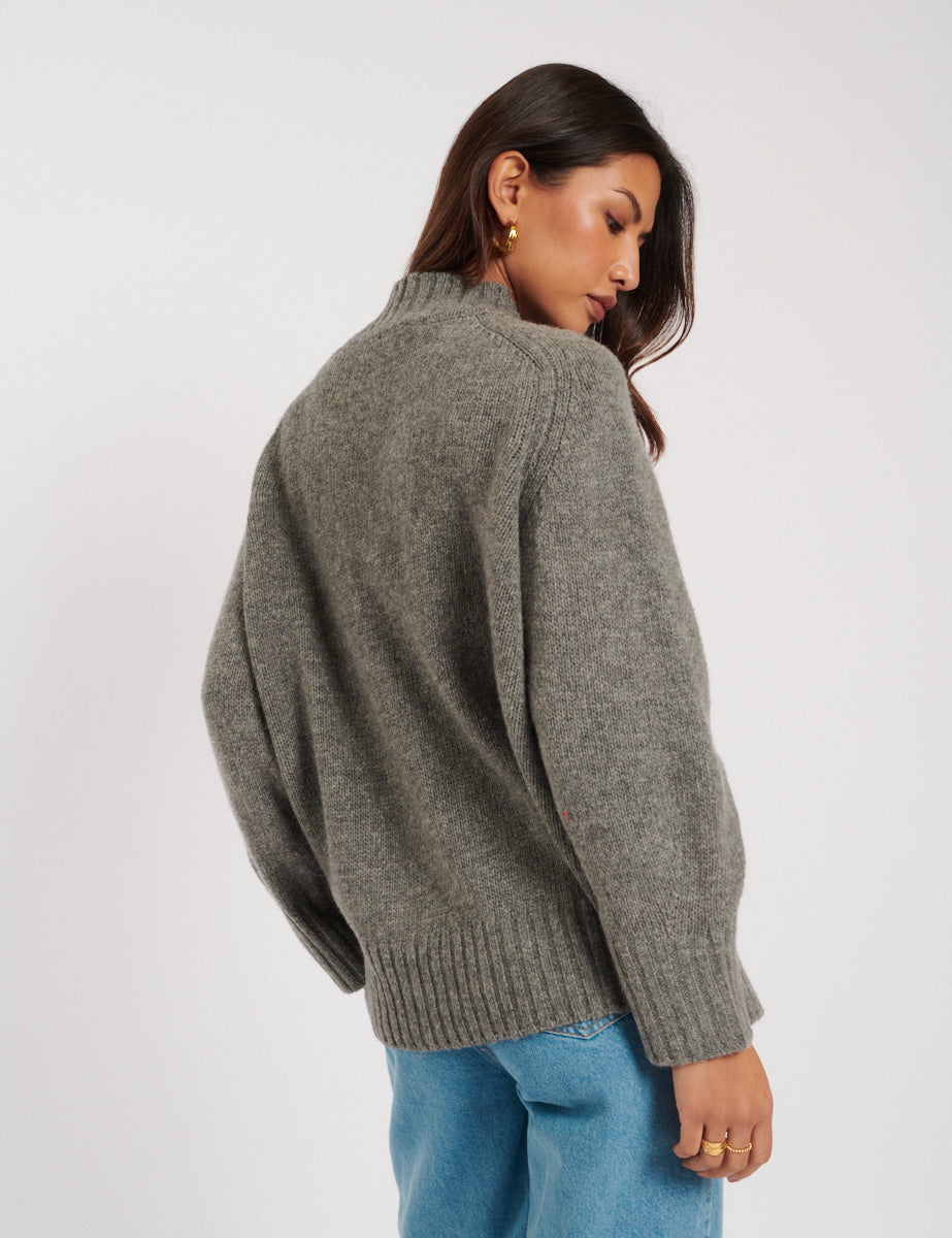 Grey Funnel Neck Wool Knitted Jumper