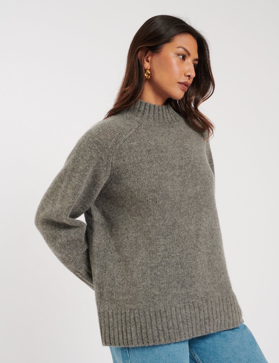 Grey Funnel Neck Wool Knitted Jumper