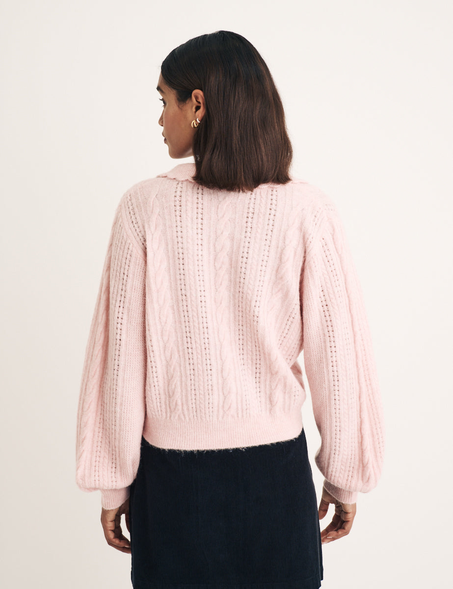 Pink Collar Pointelle Wool Blend Knitted Jumper