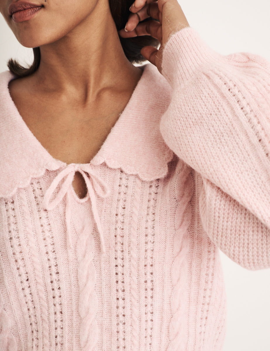 Pink Collar Pointelle Wool Blend Knitted Jumper