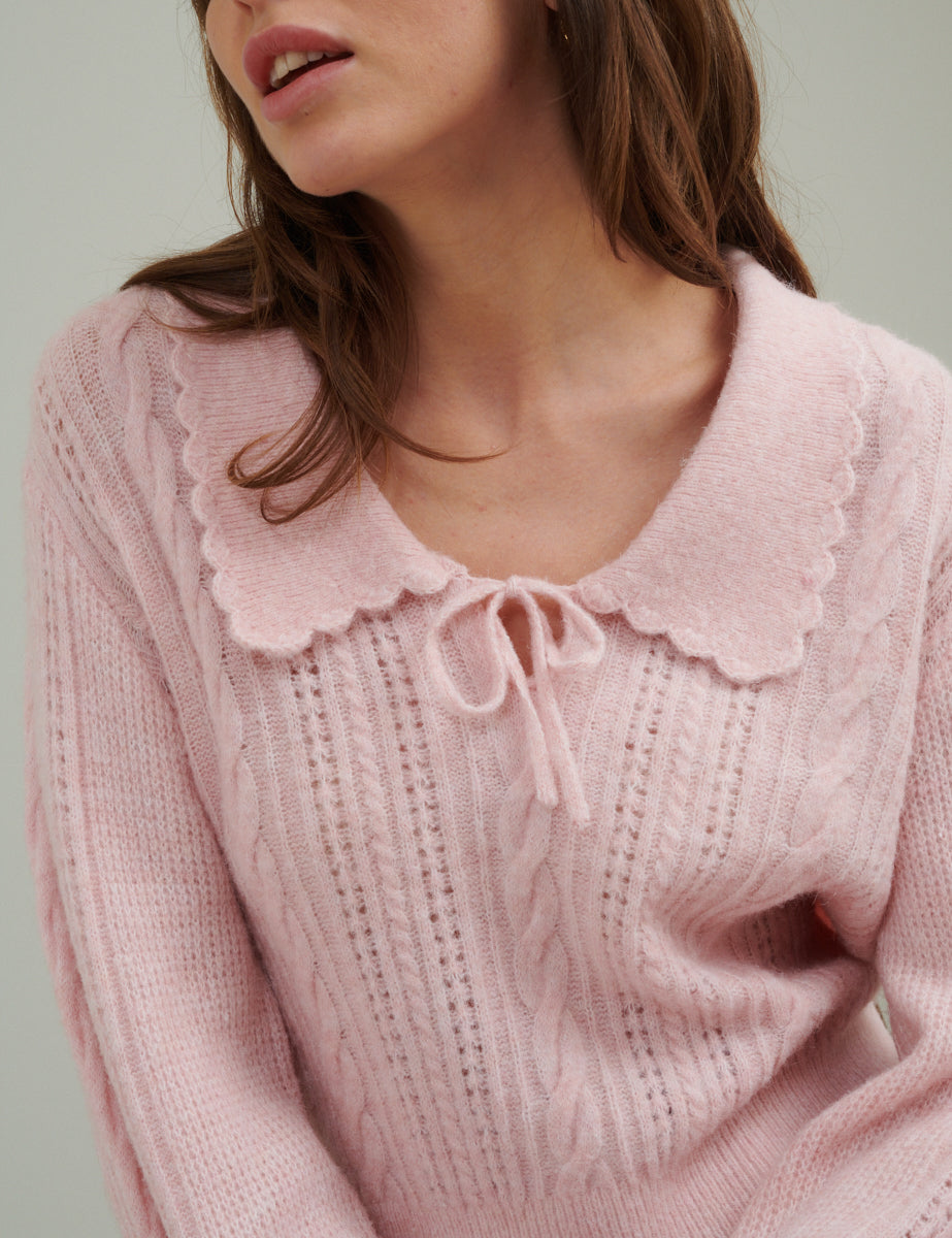 Pink Collar Pointelle Wool Blend Knitted Jumper