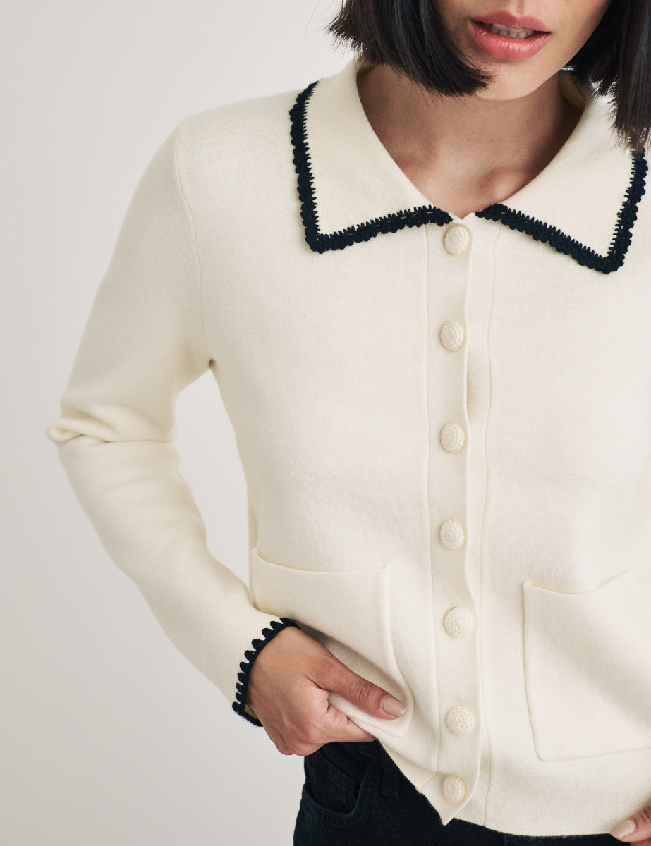 Cream Crochet Trim Collared Cardigan