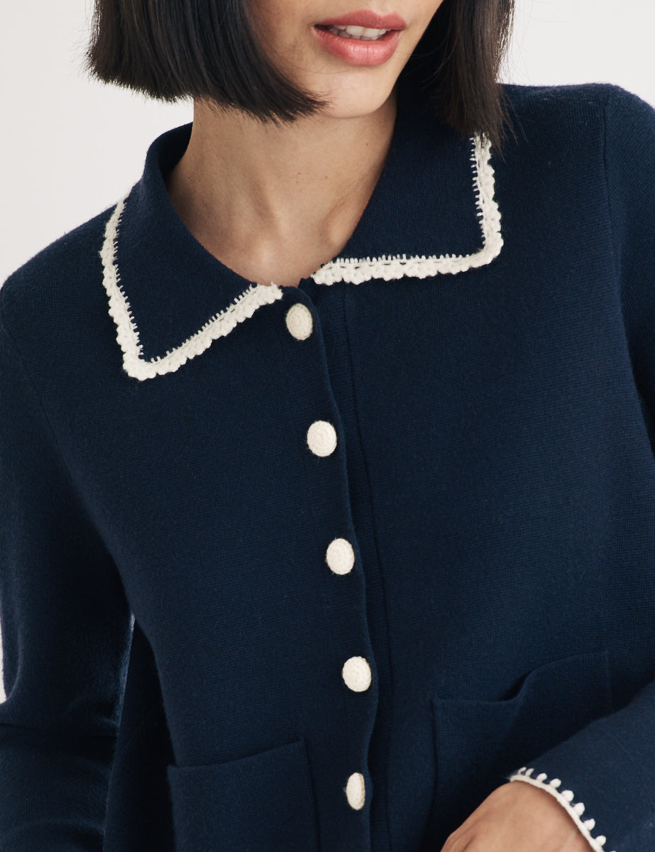 Navy Crochet Trim Collared Cardigan