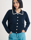 Navy Crochet Trim Collared Cardigan