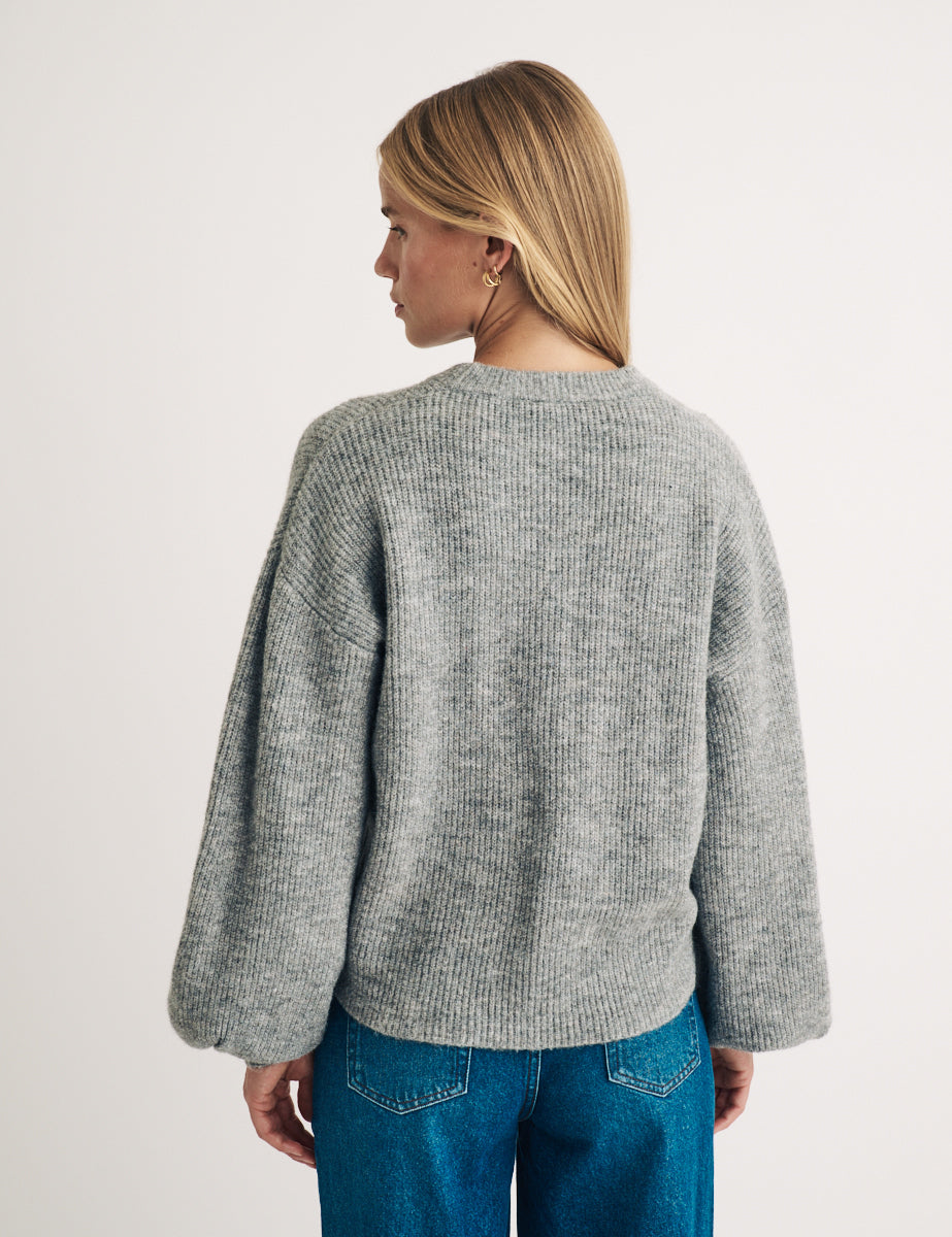 Grey Puff Sleeve Wool Blend Knitted Jumper