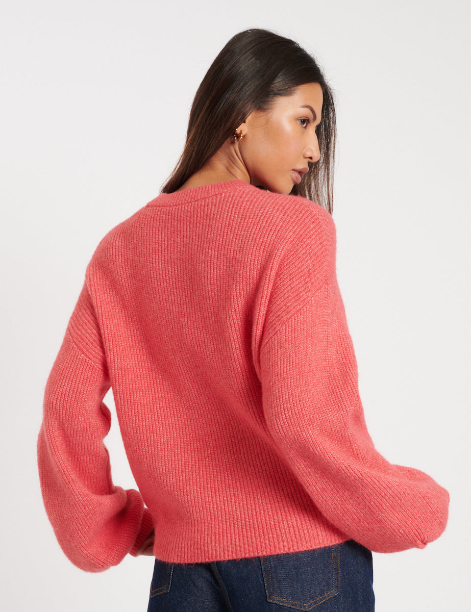 Pink Puff Sleeve Wool Blend Knitted Jumper