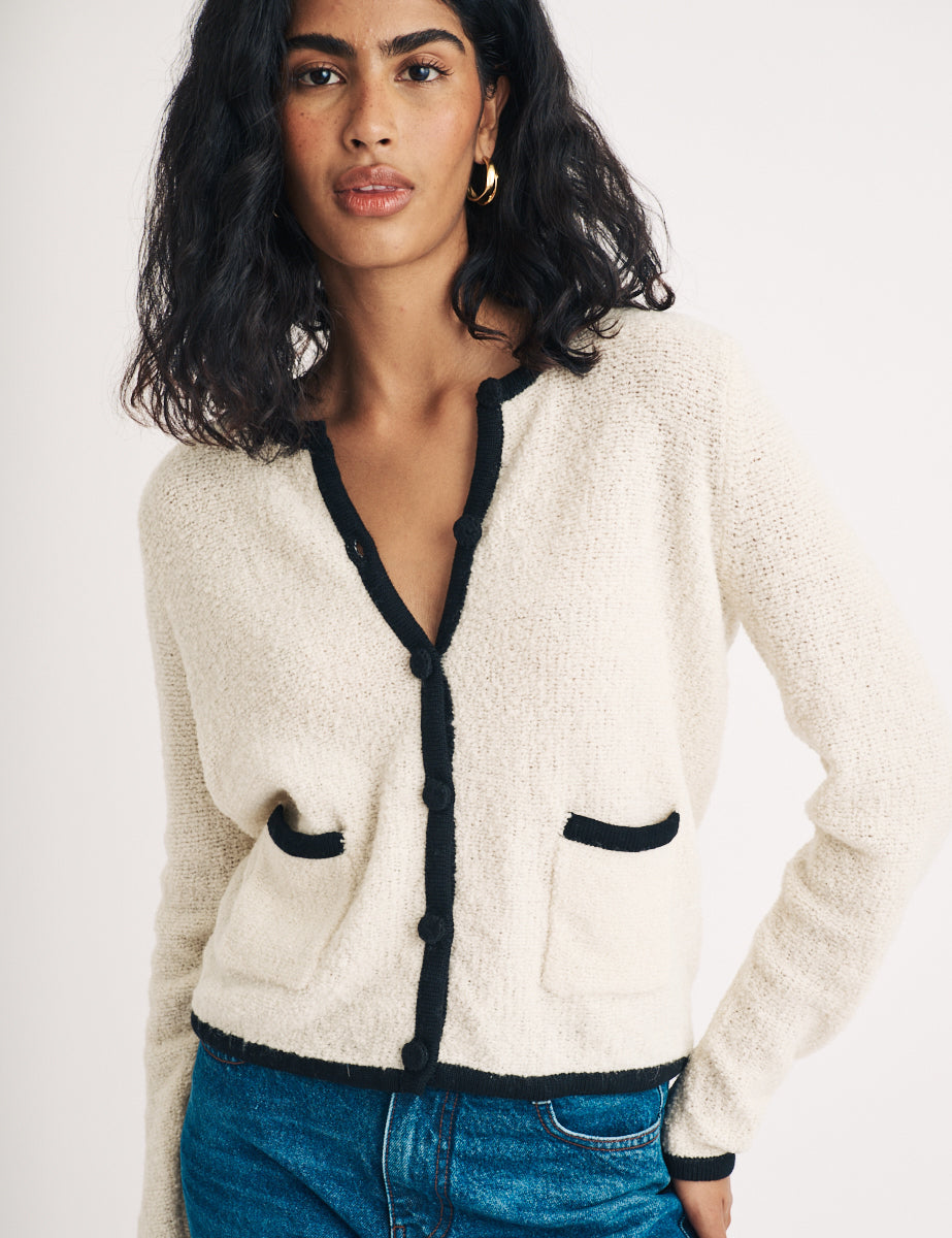 Cream Contrast Trim Boucle Wool Blend Knitted Cardigan