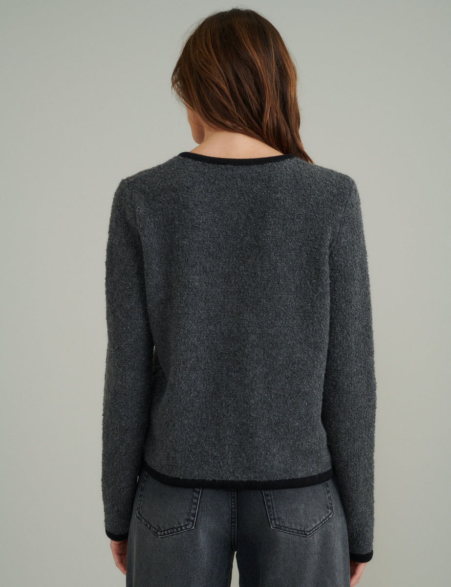 Grey Contrast Trim Boucle Wool Blend Knitted Cardigan