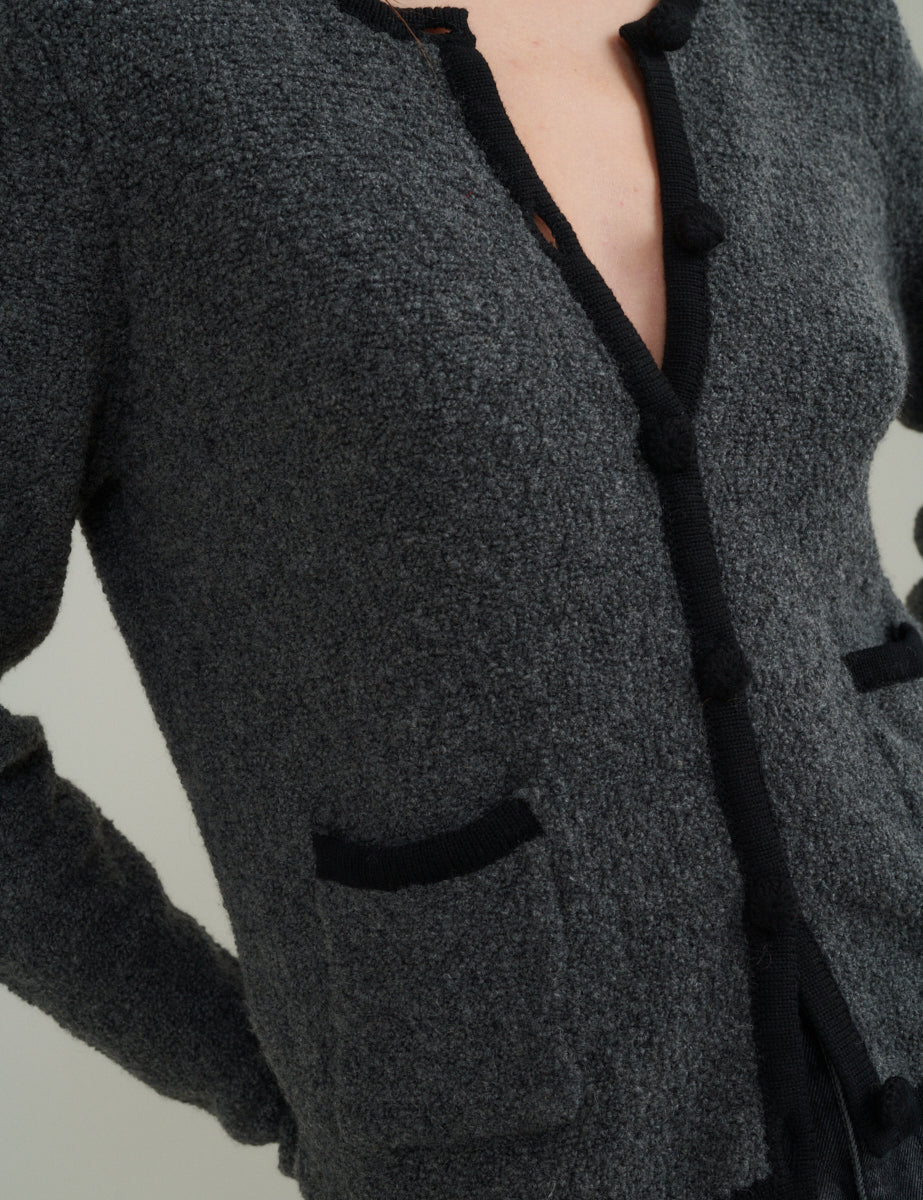 Grey Contrast Trim Boucle Wool Blend Knitted Cardigan