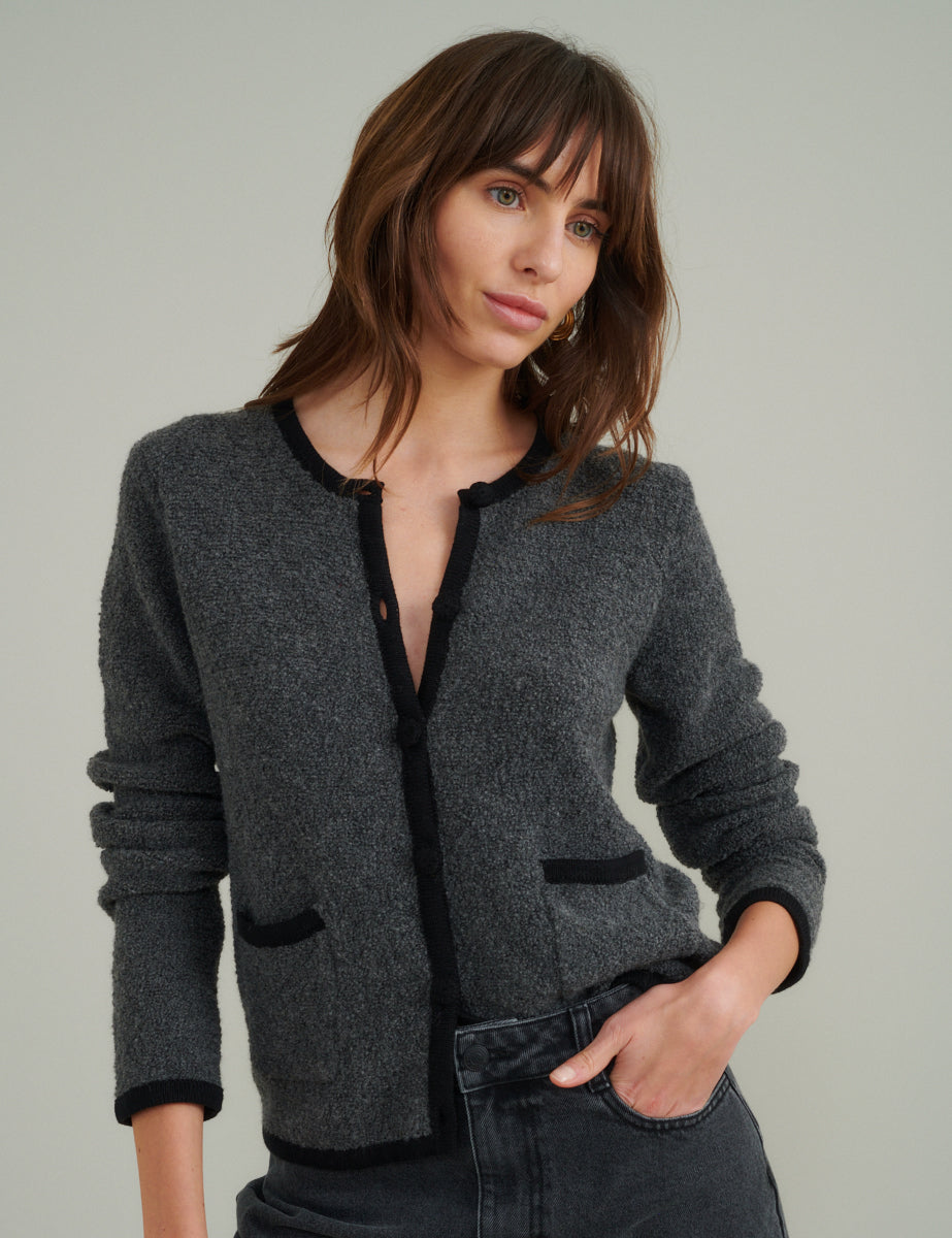 Grey Contrast Trim Boucle Wool Blend Knitted Cardigan