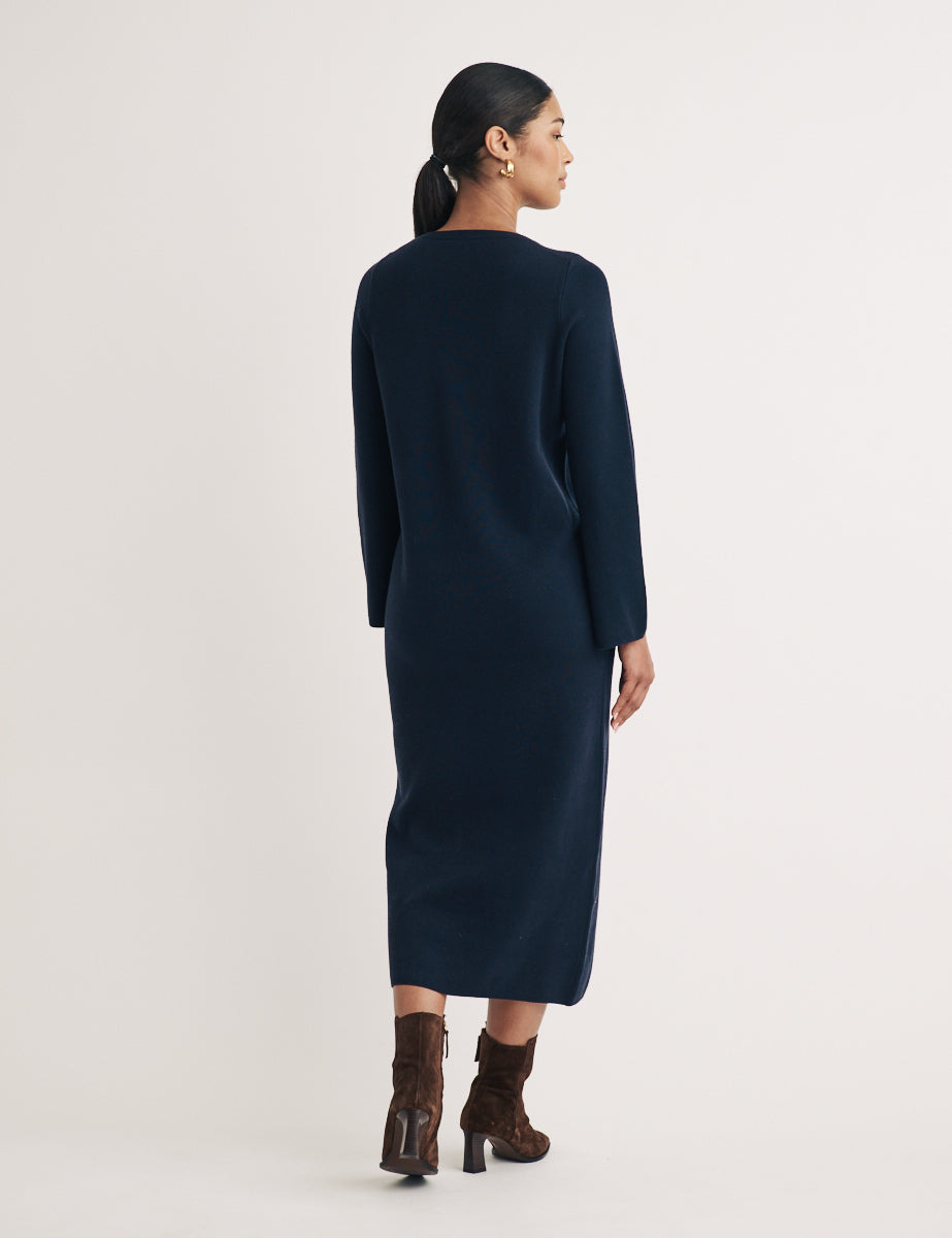 Navy Long Sleeve Knitted Midi Jumper Dress