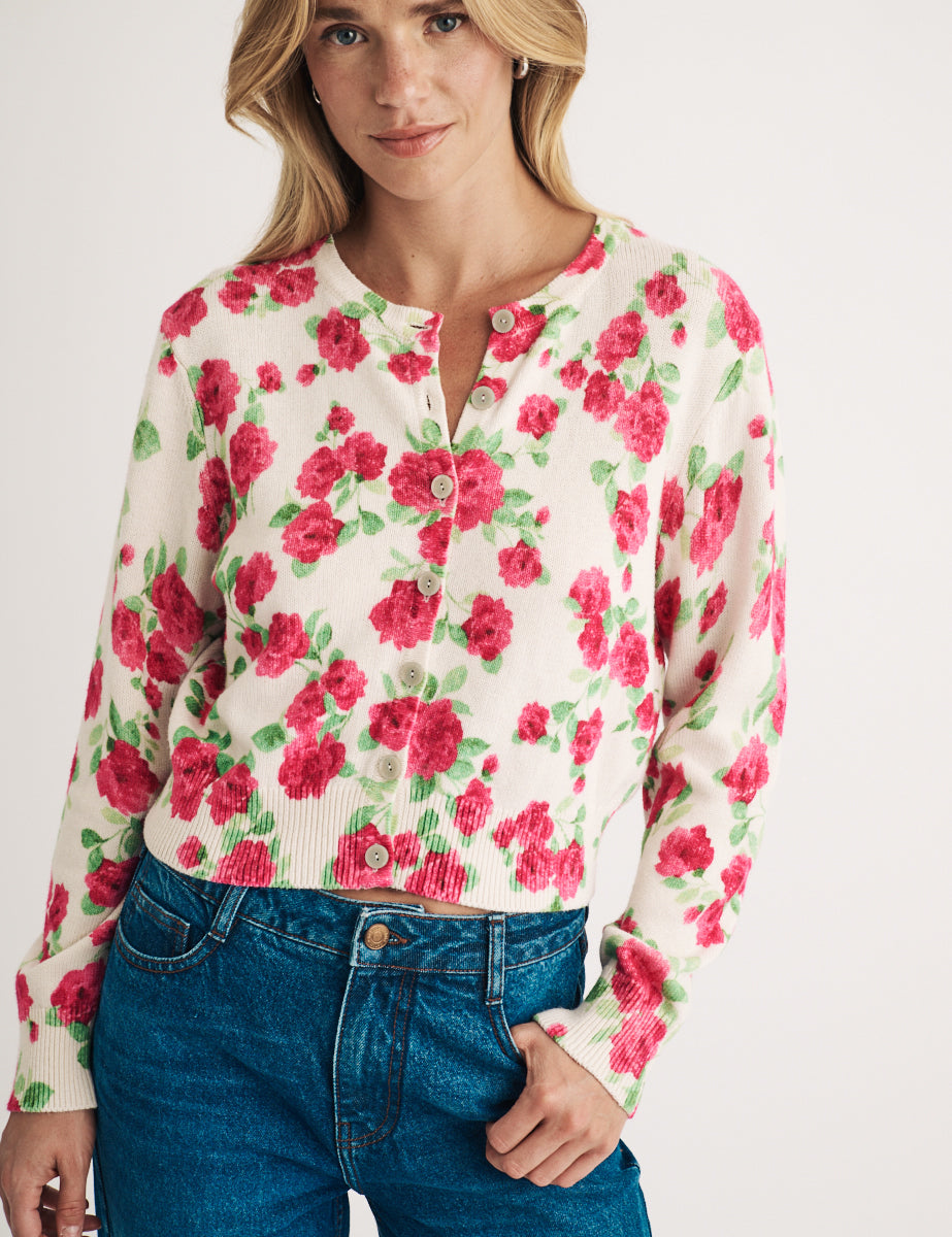 Floral Print Crew Neck Wool Blend Cardigan