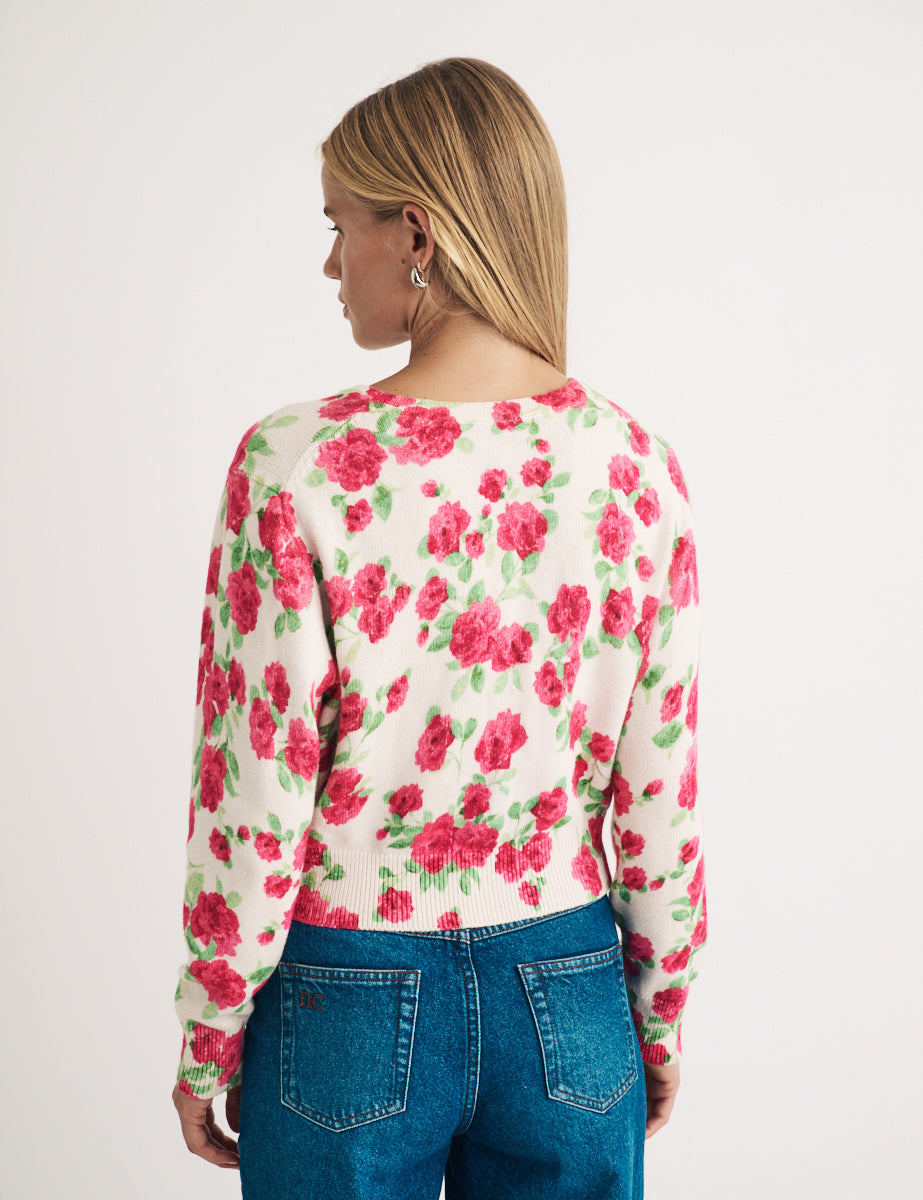 Floral Print Crew Neck Wool Blend Cardigan